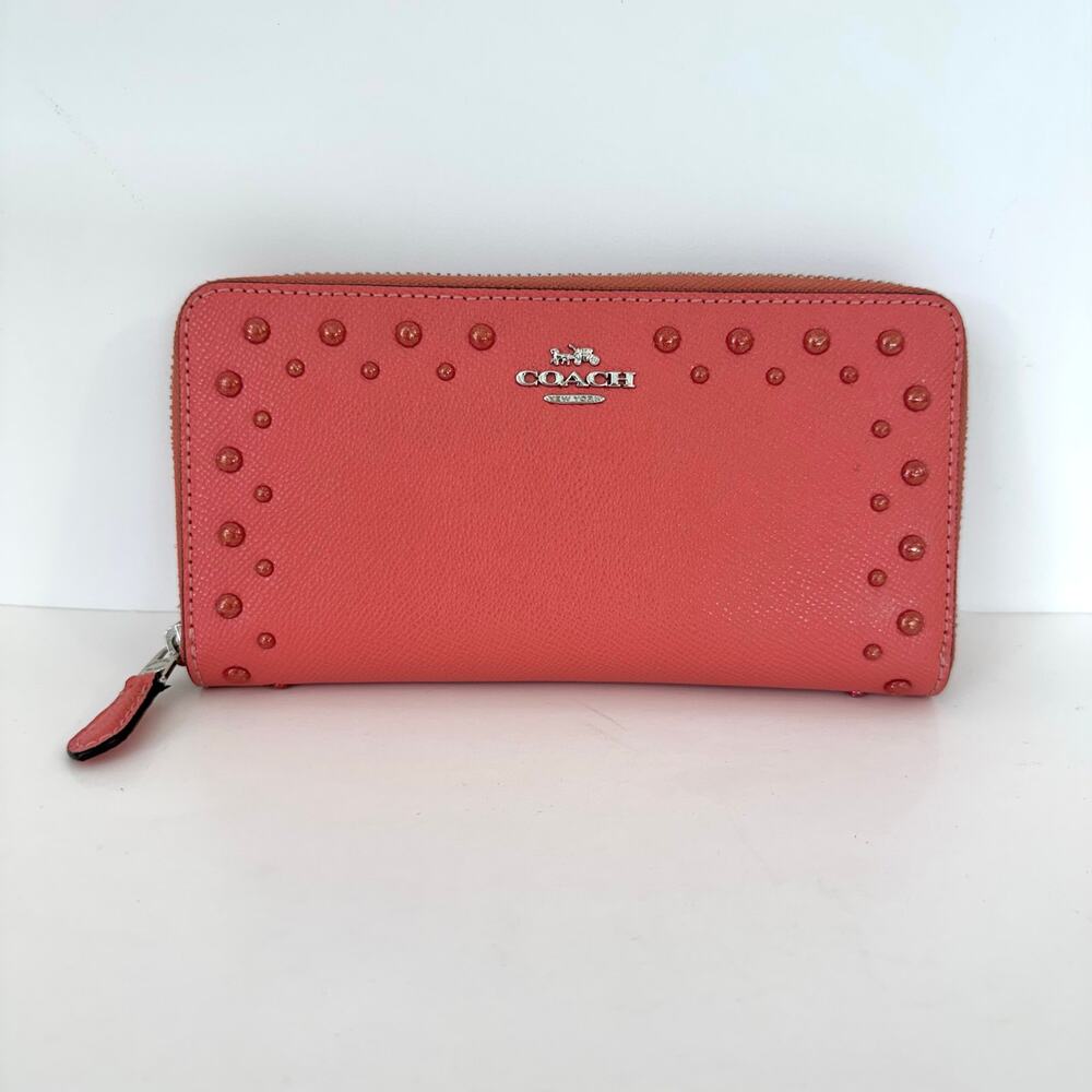 Coach Accordion Zip Around Leather Wallet Studded Embellished in Coral F55610 - Picture 3 of 11